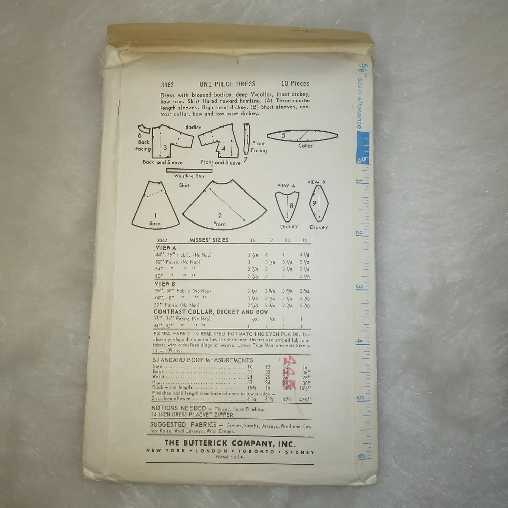 BUTTERICK 3362 sz 10 Vintage Misses One Piece Dress 1960s